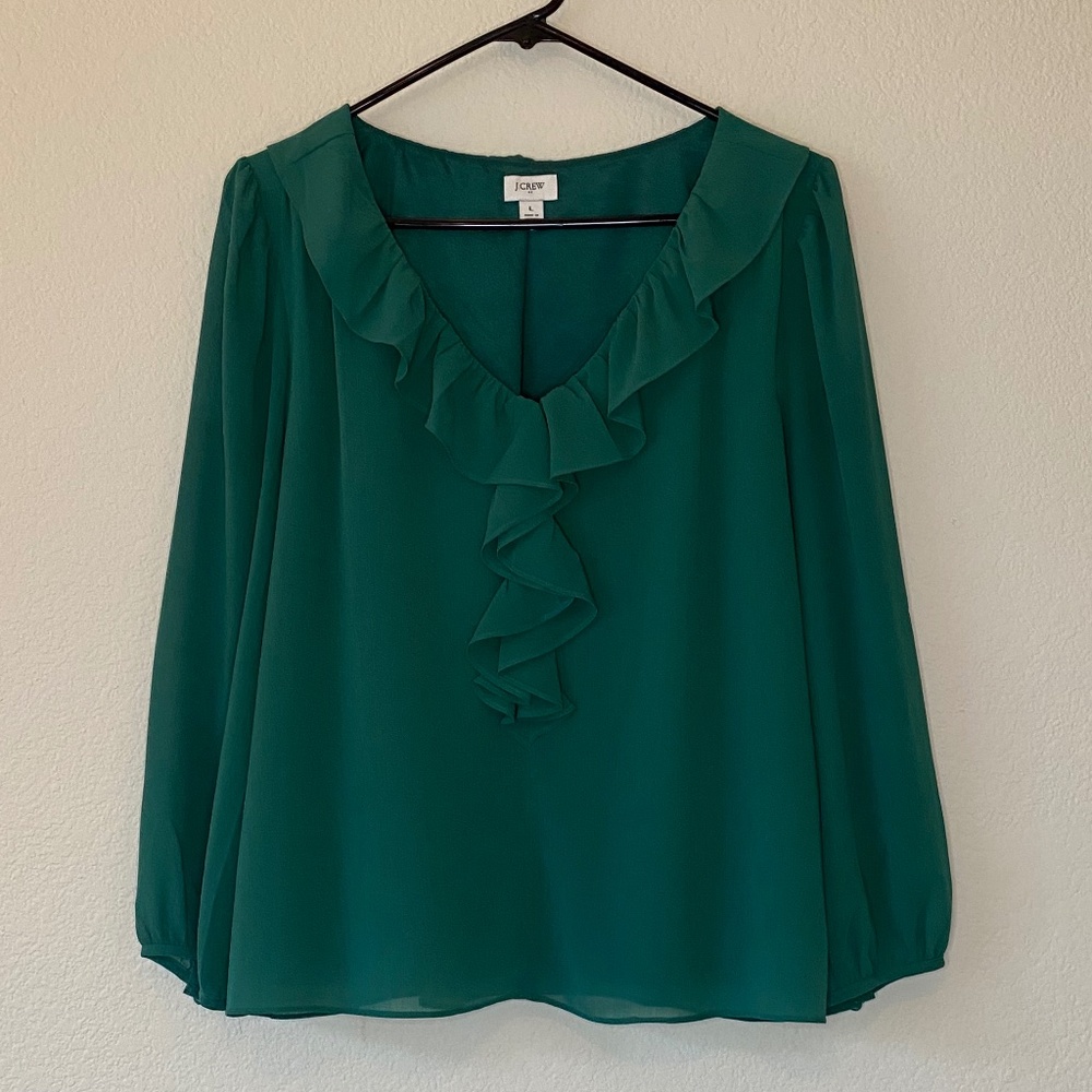 J. Crew Green Ruffle Blouse